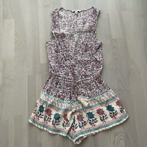 American Eagle Boho Paisley Style Floral V-Neck Cotton Blend Romper w/ Tassels